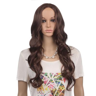 China The body wave sales of dark brownlong hair synthetic wig, bangs synthetic wig, synthetic wig color is black for sale