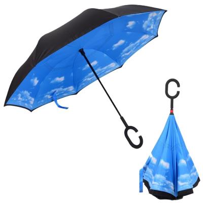 China Inverted Windproof Women with UV Protection Upside Down with C-Shaped Handle reverse umbrella for sale