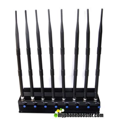 China 8 Antennas 20W Power Adjustable Cell Phone Signal Jammer Blocker 3G 4G LTE Wifi GPS Lojack VHF UHF Cooling Fan Inside for sale