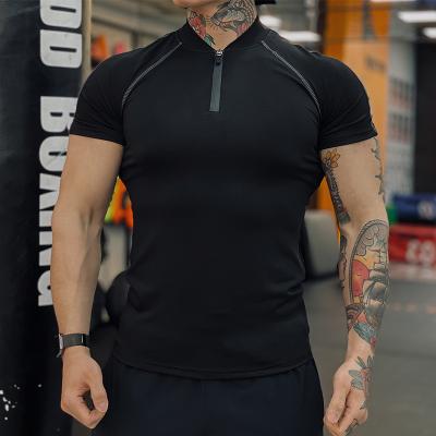 China QUICK DRY Men 3XL Plus Size Sleeve Logo Fitness T-shirt Gym Sportswear Zipper Neck Younger Short Jogger Shirt Solid Quick Dry Custom Wear for sale