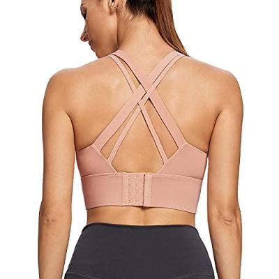 China Strappy Breathable Women Yoga Workout Sports Bras For Running Women Criss Cross Back Medium Support Bra With Removable Cups for sale