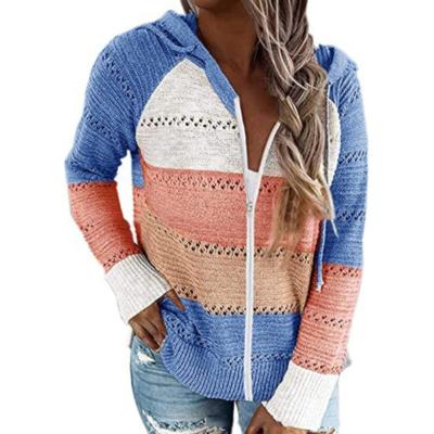 China Hot Selling High Quality Anti Shrink Colorblock Zipper Barred Hooded Cardigan for sale