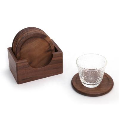 China New Hot Sale Europe Wooden Drink Coasters Walnut Wood 7 Piece Coasters Set With Stand for sale