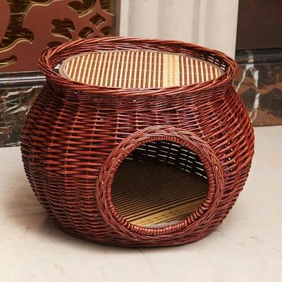 China Handmade Kennel Cat Bed Cave Dog House Wicker Basket Rattan Furniture Environmentally Friendly Pet Kitten Gift Two Tier Perfect With Cushion for sale