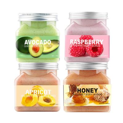 China Natural Organic Apricot Honey Exfoliating Whitening Fruit Exfoliator Wholesale Private Label Vegan Avocado Raspberry Face and Body Scrub for sale