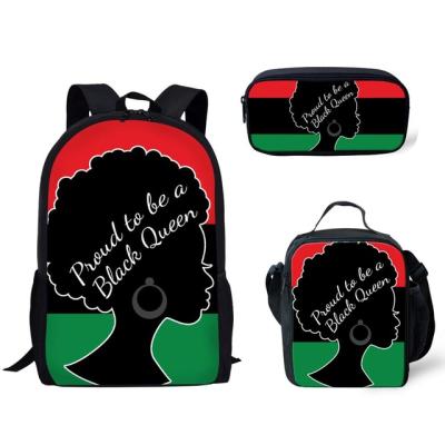 China Anti Theft African Black Queen Print Girls Backpacking Lunch Bag And Pencil Case Kids 3pcs Bookbags Customize School Bag Set for sale