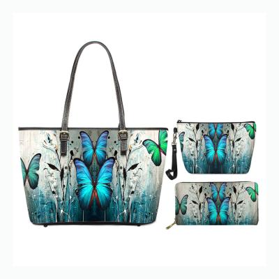 China Normcore/Minimalist 3Pcs/Set Colorful Butterflies Pattern Women Handbag Fashion Leather Handbag Special Printed Women Bag Large Handbags for sale