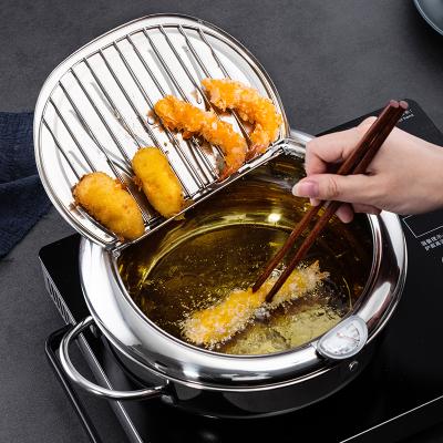 China Home Use Customized Viable Fried Chicken Pot Stainless Steel Frying Pot With Lid&Thermometer Japanese Tempura Fryer Pot for sale