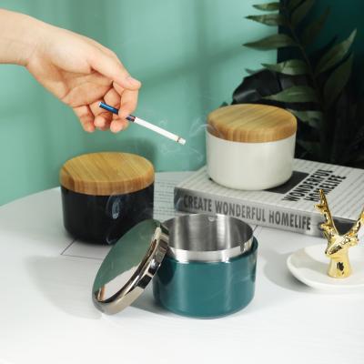 China Customized Stainless Steel Stainless Steel Ashtray With Bamboo Lid Nordic Windproof Cigar Cup Smoking Ashtray for sale