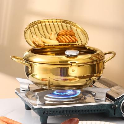 China Japanese Tempura Skillet OEM Oil Purifier Viable Customized Gold Deep Pot With Lid&Thermometer 304 Stainless Steel Fryer Pot for sale