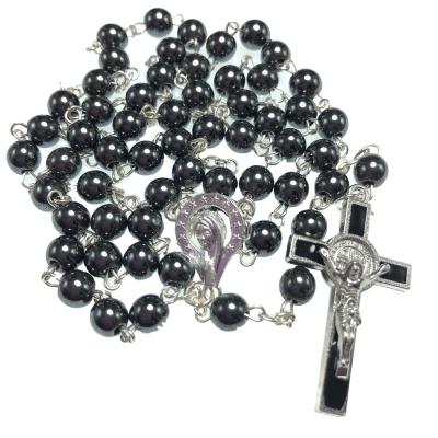 China CLASSIC 6mm Hematite Bead Rosary With Virgin Mary Centerpiece And St, Benedict Cross Pendant In Stock for sale