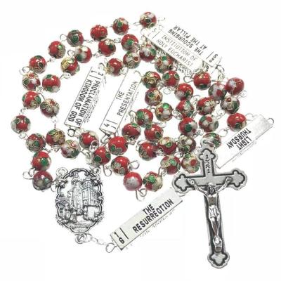 China Religious Red Cloisonne Style 8mm Rosary Necklace With Five Mysteries for sale