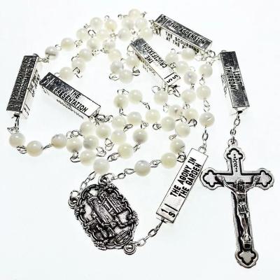 China Europe Sea Cute Shell Pearly Rosary Fatima Center With Five Mysteries Religious Connector Necklace for sale