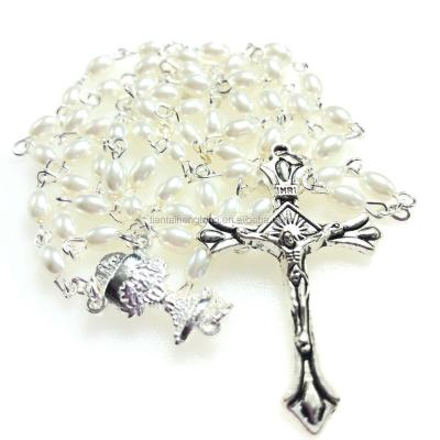 China Catholic wholesale oval natural pearl sea rosary necklace religious religious rosario shell with Jesus cross for sale