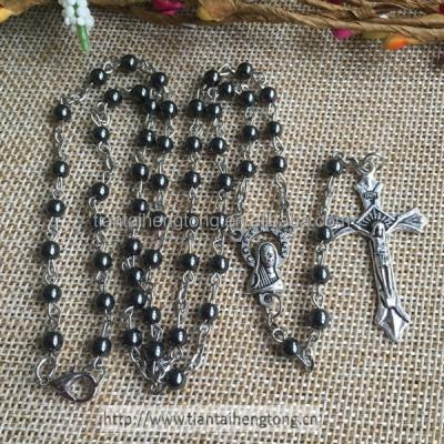 China Europe 4mm Pearl Hematite Rosary Chain Necklace Virgin Mary Catholic Centerpiece for sale