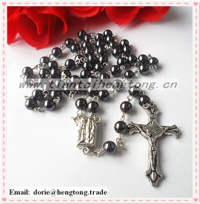 China ALLOY Hematite Christian Crucifix Rosary Necklace with Our Lady of Lourdes Centerpiece for sale