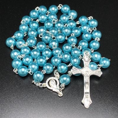 China 8mm Religious Blue Bead Rosary Beads, Catholic Rosary, Plastic Rosary with Virgin Mary Centerpiece and Cross and Silver Coating Chain for sale