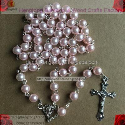 China Europe pink pearl rosary, cheap plastic religious necklace with Virgin Mary center and Jesus cross for sale