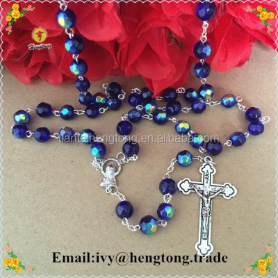 China Crystal Wholesale 8mm blue crystal beads rosary religious necklace, jewelry crystal necklace, catholic rosary with alloy cross and center for sale