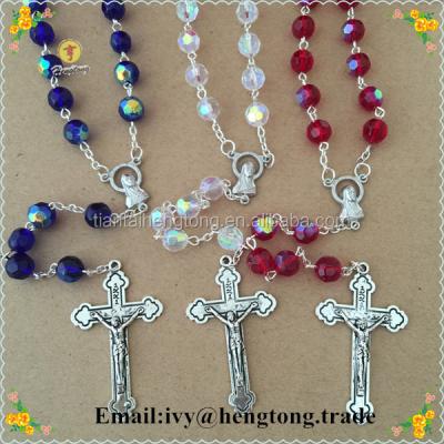 China Crystal Wholesale 8mm white crystal beads rosary religious necklace, jewelry crystal necklace, catholic rosary with alloy cross and center for sale