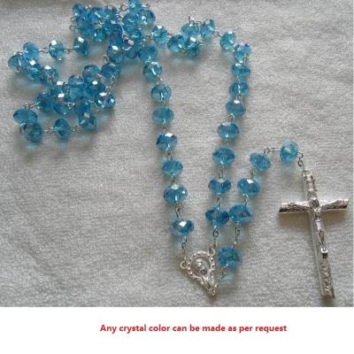 China Europe Catholic Light Sky Blue 10mm Crystal Beads Rosary Virgin Mary and Silver Plating Zinc Alloy Crucifix for sale