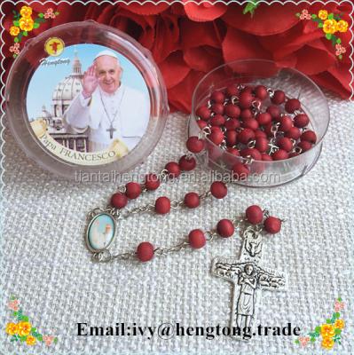 China Wood Beads Rosary Red Wooden Beads, 7mm Perfume Rose Perfume Rosary Necklace with Pope Francisco Center and Cross, Rosary with Plastic Box for sale