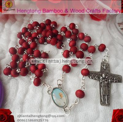 China Europe 7mm RED wooden bead rosary, rose rosary, perfume rosary necklace with Pope Francisco center and cross with plastic box for sale