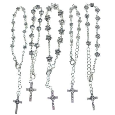 China Cute High Quality Religious Alloy Bead Rosary Bracelet With St Benedict Crucifix Charm Flower Cross Bracelets for sale