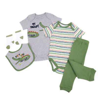 China Wholesale Breathable Newborn Infant Newborn Baby Clothes 5pcs Romper Pants Bib Sock Baby Gear Gift Set for sale