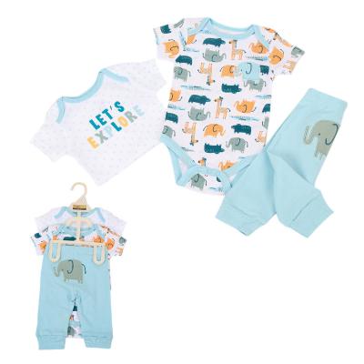 China Exportable and high quality 100% cotton sunnozy antibacterial 3 PC short sleeve romper baby clothes set overalls for sale