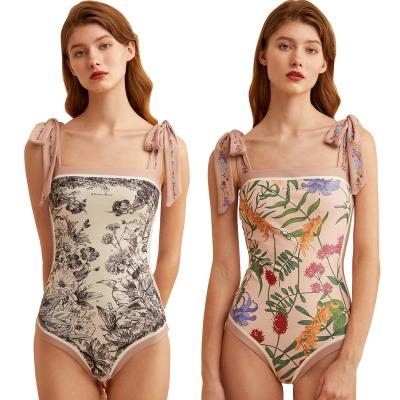 China Superb Quality Removable Padded Padded Women's Vintage Beach Wear Swimsuit Customizable Visual Invisible One Piece Floral Print Swimwear Bikini for sale