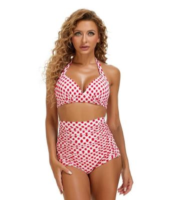 China Windproof Women's Summer Vintage Plaid Print Halter Halter Bikini Set Tummy Control Waisted Bottom Ruched Swimsuit Swimwear Tops for sale