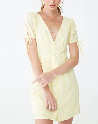 China 2019 New Women Breathable Mini Dress Summer Light Yellow Embroidered Mini Dress for sale