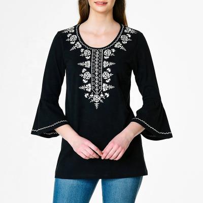 China Breathable V-Neckline Women Floral Embellished Cotton Knit Blouses Tops And Tunic Tops/Blouse Top Shirt ST080909Y for sale