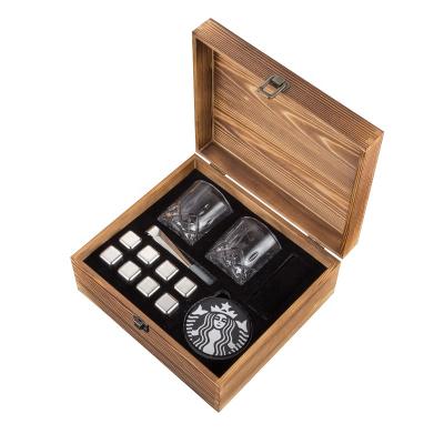 China Viable Wooden Box Ice Cube Whiskey Stones With Cup Of Glass Set for sale