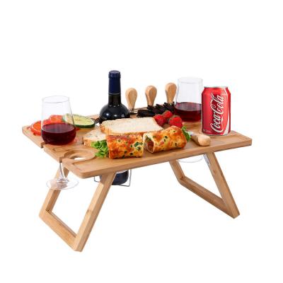 China Best Modern Selling Wine Bamboo Table Picnic Outdoor Wooden Picnic Table With Wine Glass Holder for sale