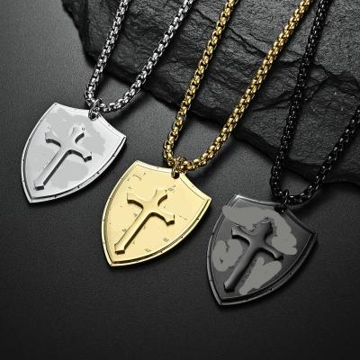 China Vintage Buteee Popular Shield Pendant Men's Gold Crusader Cross Pendant Necklace for sale