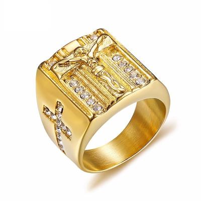 China The Other Male Stainless Steel Crystals Religion Prayer Hip Hop Jewelry Gold Color Jesus Christ Cross Chunky Ring Punk For Men for sale