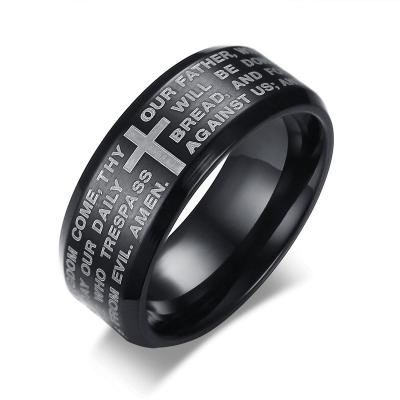 China Hiphop 3 Colors Option Stainless Steel Elegant Male Prayer Jewelry Engraved Bible Cross Ring For Men for sale