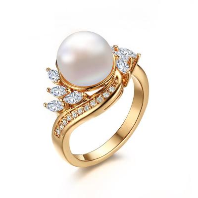 China Hiphop Fashionable Gold Color Simulated Pearl Cubic Zircon Rings For Women for sale