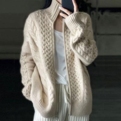 China Anti-pilling Autumn and winter resort thick high-necked cashmere knitted cardigan women's zipper sweater coat European loose slim thin coat for sale