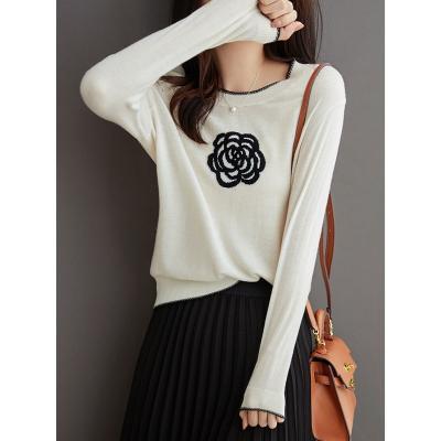 China Anti-pilling New WOOL 2021AutumnWinter Stylish Stylish Knitted Women's O Neck Contrast Color Beading Sweaters Rose Sweater for sale