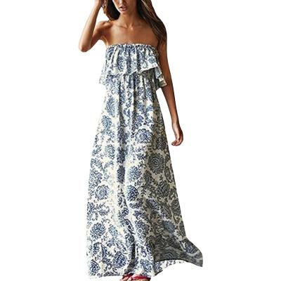 China Dropshipping Viable Women's Summer Dresses China Blue And White Boho Strapless Maxi Long Dress for sale