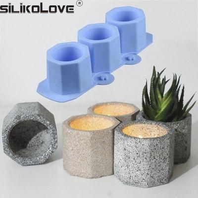 China Viable 3 Holes Round Geometric Polygonal Flower Pot Vase Mold Cactus Concrete Cement Molds Silicone DIY Aromatherapy Candle Decoration for sale