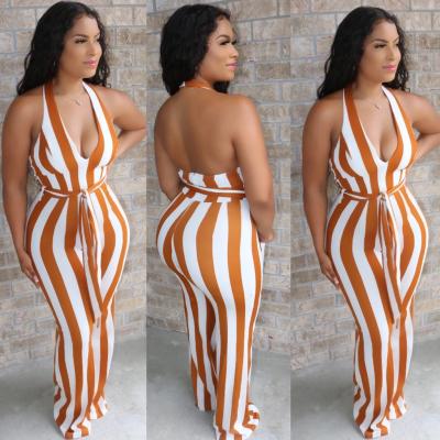 China 2022 New Arrivals QUICK DRY QUICK DRY Plus Size Yellow One Piece Overalls Halter V Neck Jumpsuits Wide Leg Stripes Jumpsuits Pants Women for sale