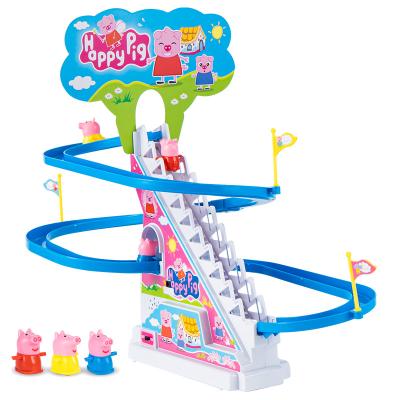 China ABS Plastic Electric Customizable Track Piggy Stairs Climbing Toy Kids Music Light Toy Battery Operated Slide Game for sale