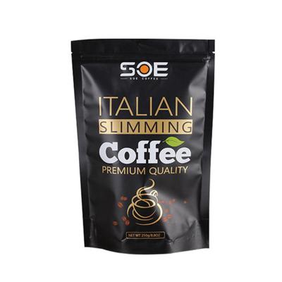 China Low Moq Recyclable Pocket Aluminum Foil Zipper Stand Up 250g Matte Black Printed Coffee Bean Bag for sale