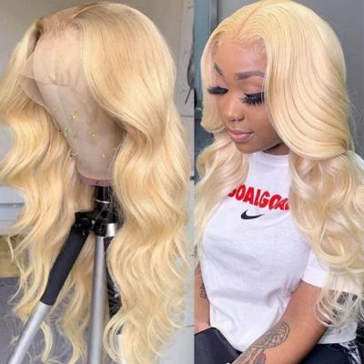 China Body Wave No Tangle Body Wave 4X4 Blonde Sheer Lace Frontal Wig Glueless Mink Raw Virgin Human Hair 613 for sale