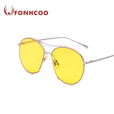 China Custom OEM Logo Fashion Yellow Lens Double Bridge Sunglasses FONHCOO Fashion Sunglasses With Metal Frame for sale