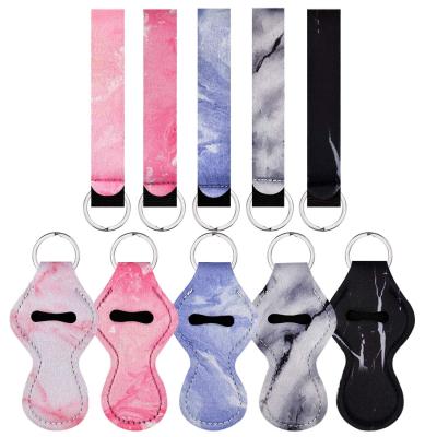 China Portable Hot Selling Case Marble Neoprene Elastic Wristband and Lip Pomade Stick Lip Gloss Holder Key Chain for sale